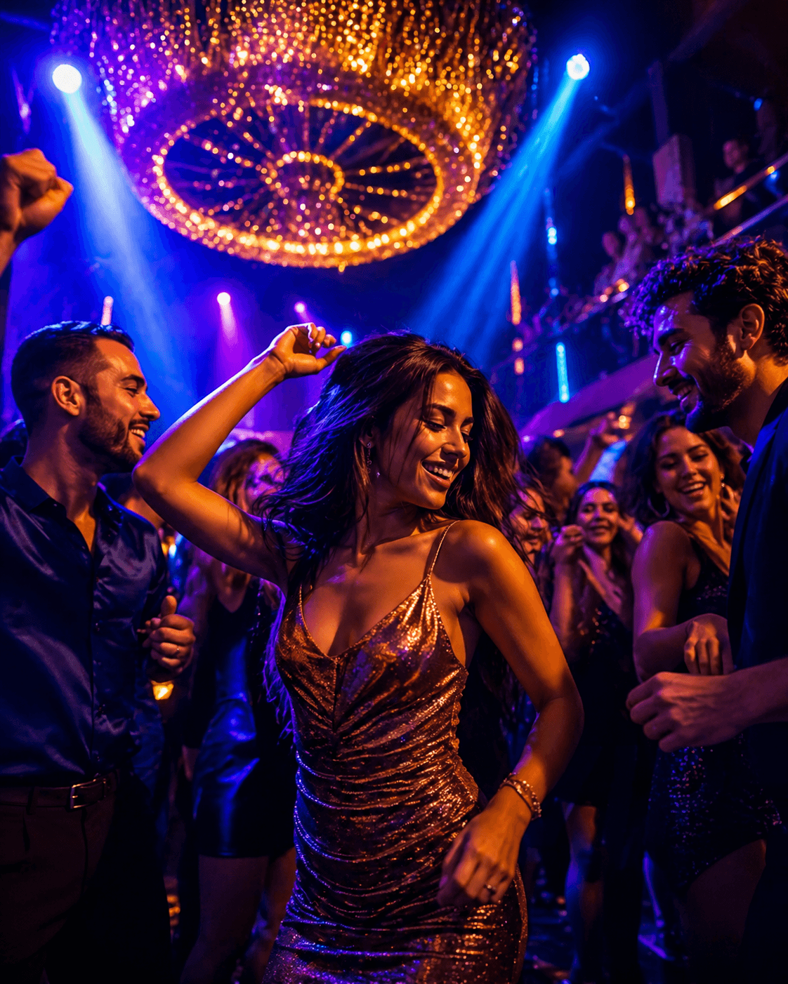 Dancing under shimmering nightclub lights