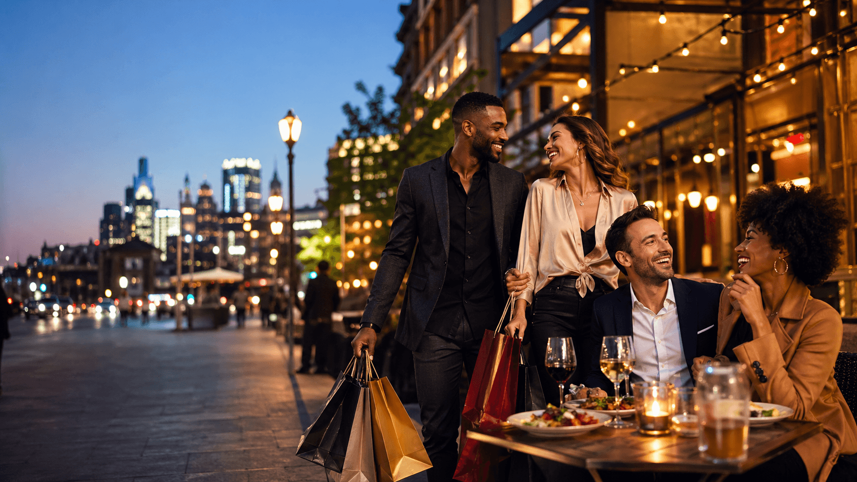 Outdoor dining and shopping in the city at twilight