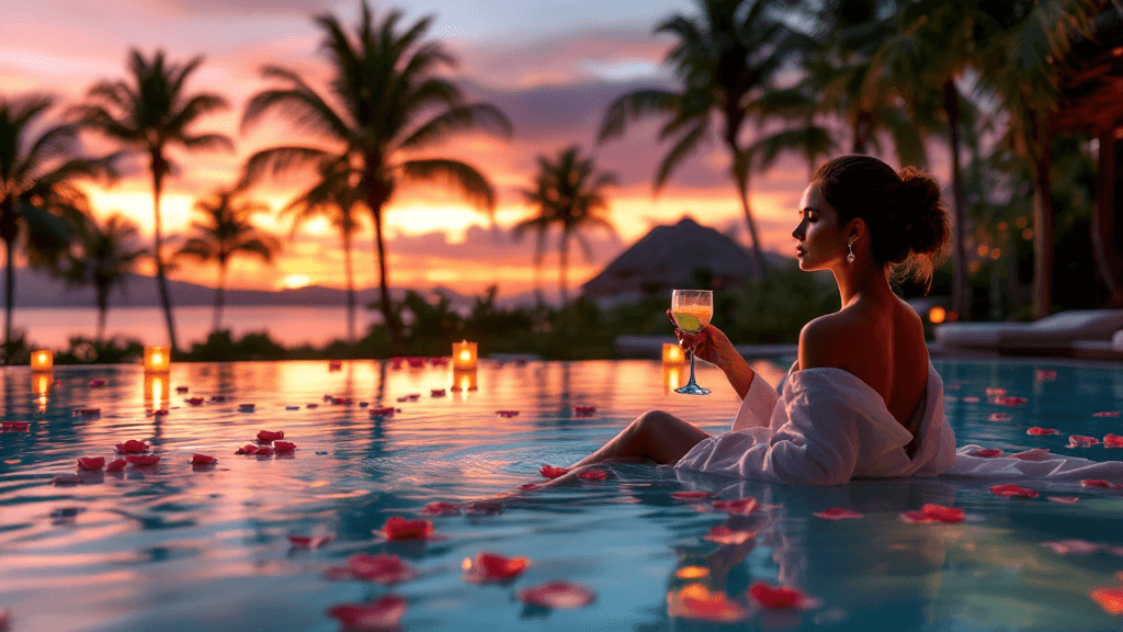 Luxury spa pool at golden hour