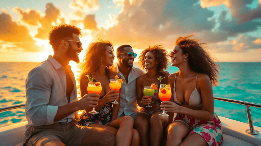 Friends toasting cocktails on a yacht at sunset